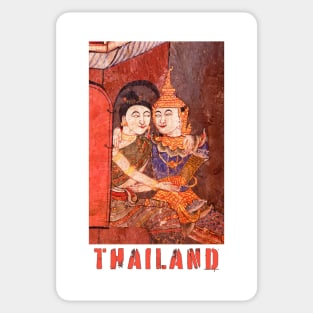 Antique Thai colorful temple mural of a young couple embracing in traditional period ceremonial clothing with the word Thailand featuring under the image. Sticker